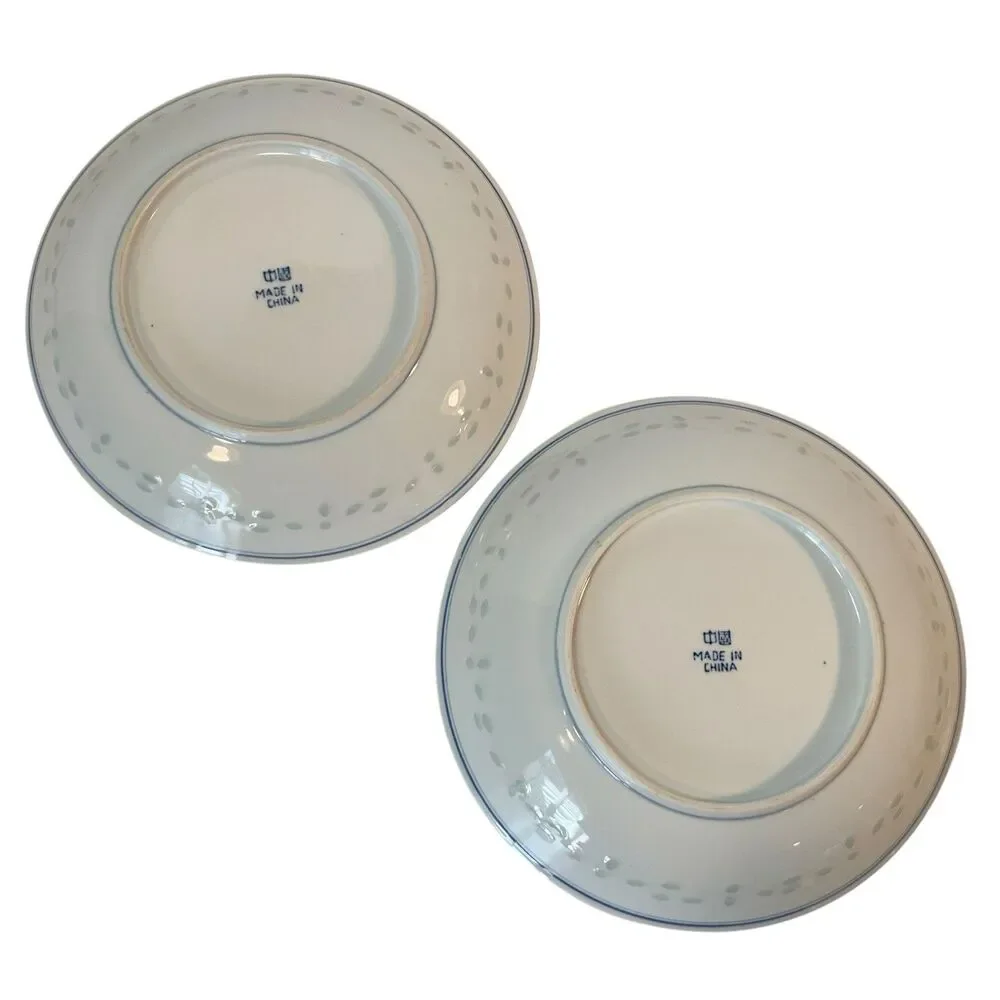 Chinese Rice Grain Serving Bowls Blue & White 8.5” Set Of 2